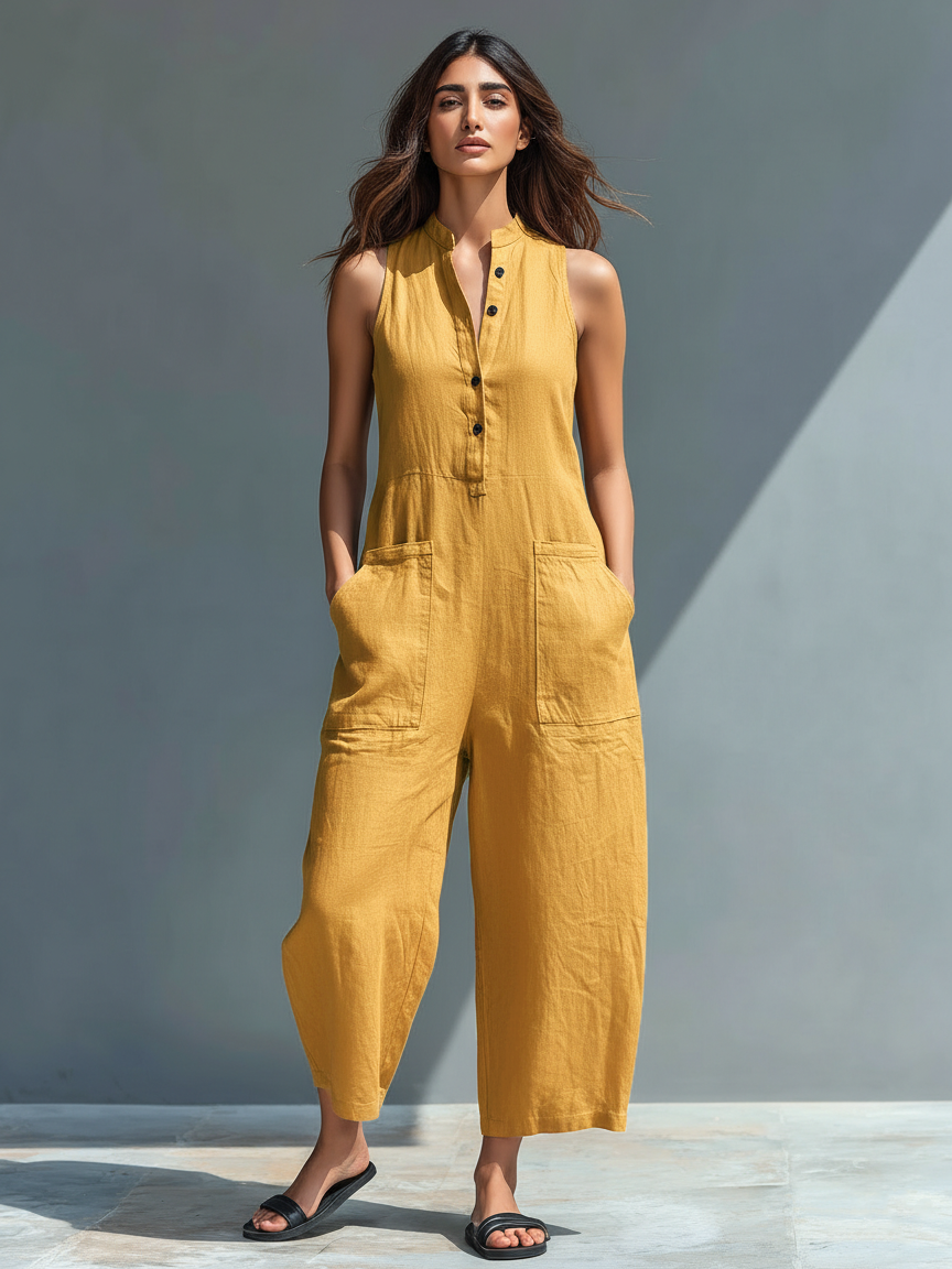 Nova™ | Mouwloze Linnen Jumpsuit met Knopen