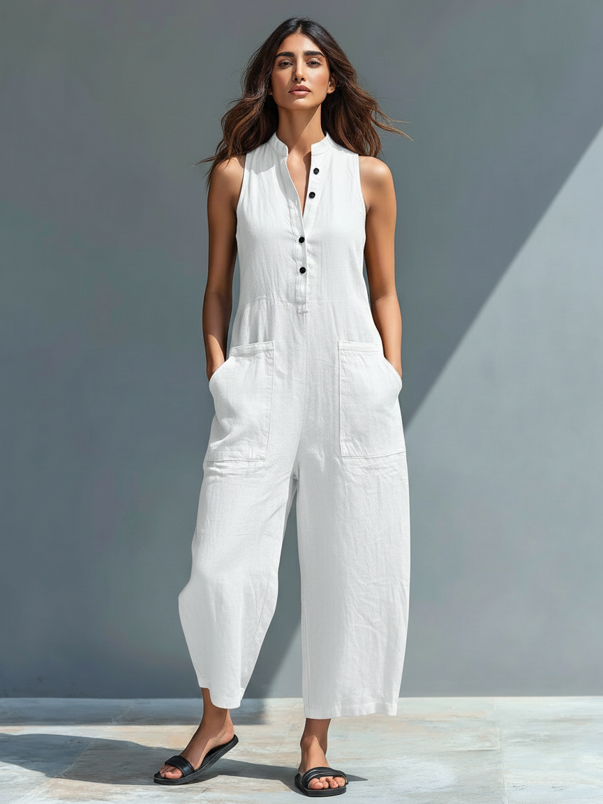 Nova™ | Mouwloze Linnen Jumpsuit met Knopen