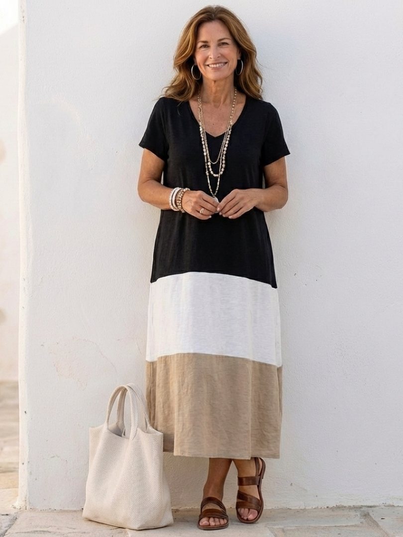 Thalia™ | Korte Mouw Kleurblok V-Hals Midi Jurk