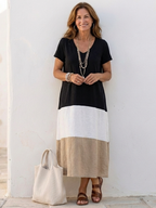 Thalia™ | Korte Mouw Kleurblok V-Hals Midi Jurk