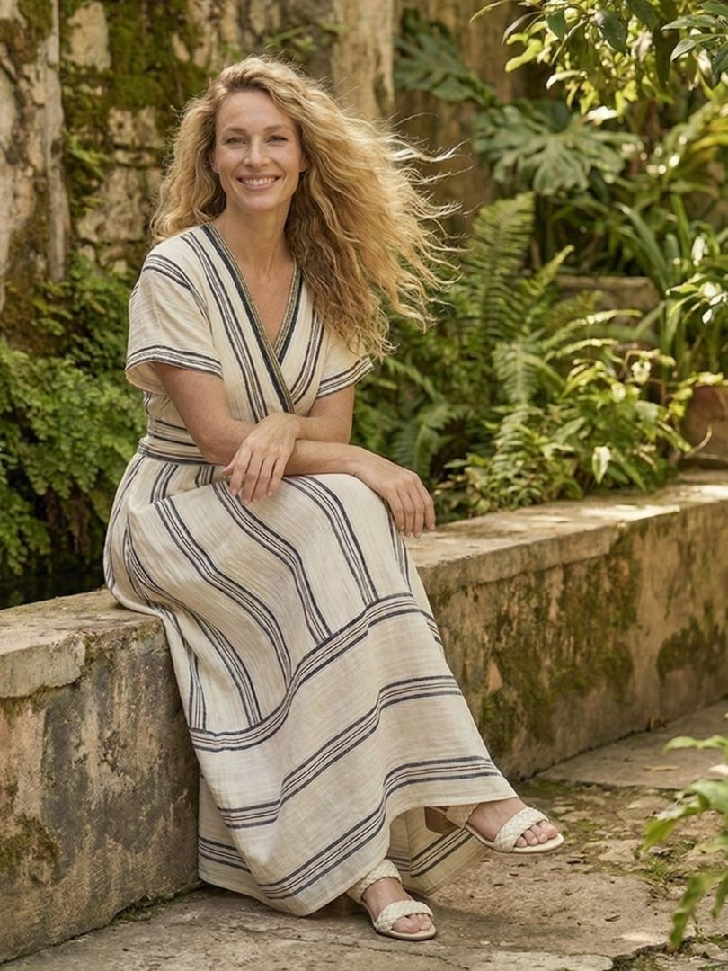 Thalassa™ | V-hals Korte Mouw Wikkel Taille Midi Jurk