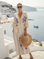 Aurelia™ | V-hals Halve Mouw Gestreepte Bloemen Maxi Jurk