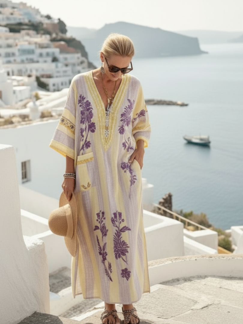 Aurelia™ | V-hals Halve Mouw Gestreepte Bloemen Maxi Jurk