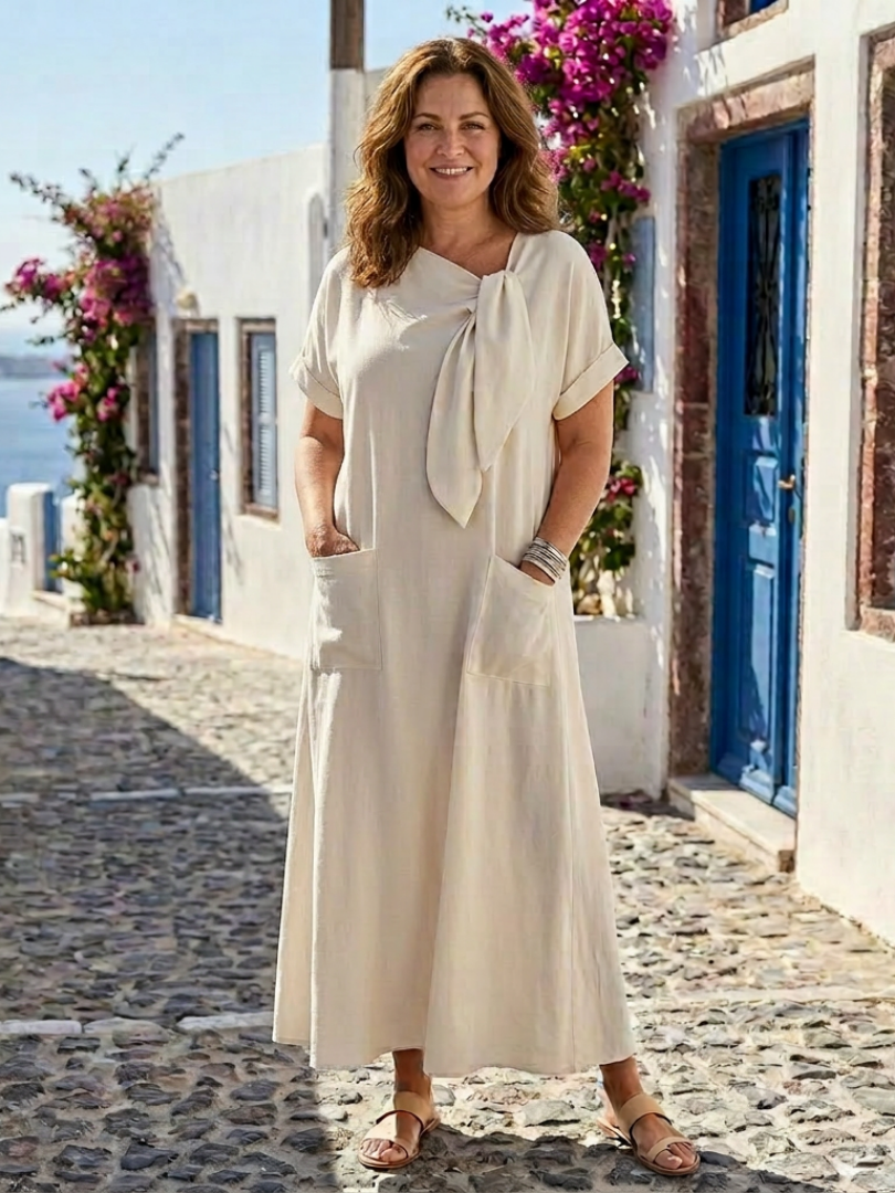 Elowyn™ | Ronde Hals Korte Mouw Pocket Maxi Jurk