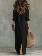 Soline™ | Oversized Zwarte Maxi Jurk met Knopen