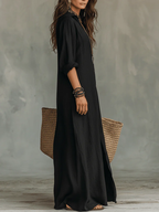 Soline™ | Oversized Zwarte Maxi Jurk met Knopen