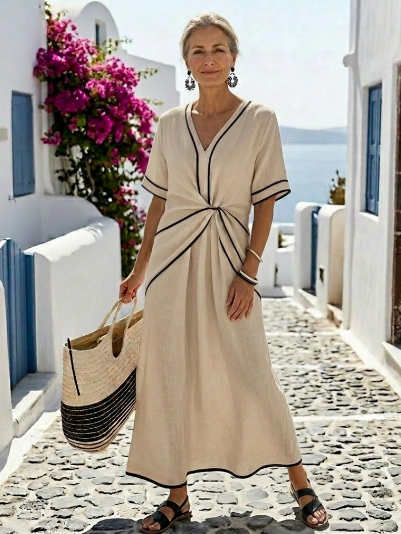 Linnea™ | V-hals Korte Mouw Gathered Taille Midi Jurk