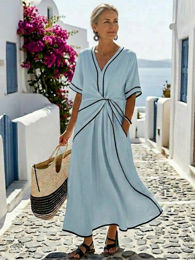 Linnea™ | V-hals Korte Mouw Gathered Taille Midi Jurk