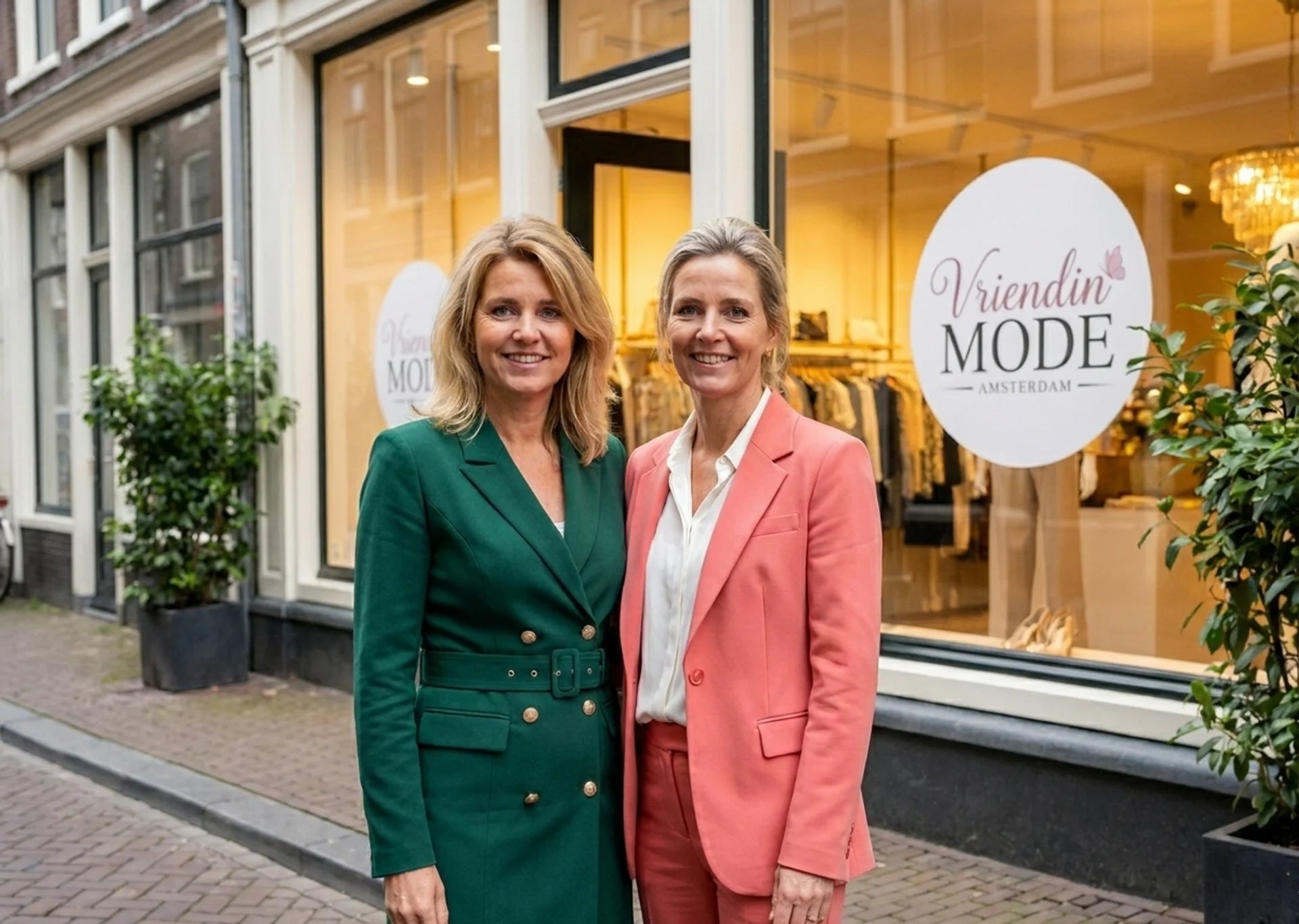 Two women standing outside a store named 'Vriendin Mode' on a street.